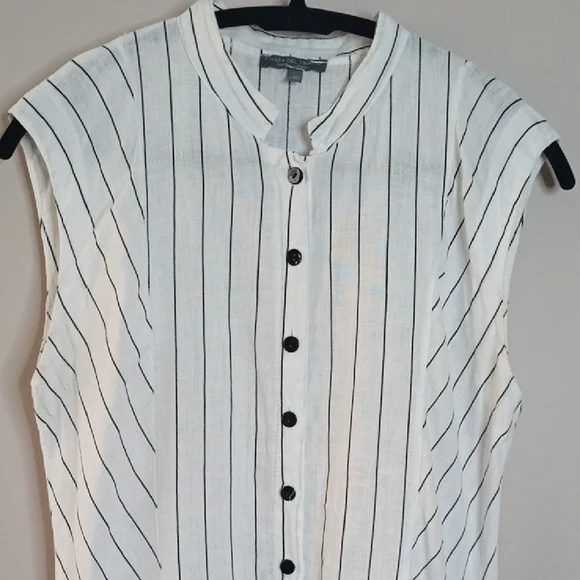 Italian Linen Asymmetric Striped White Sleeveless Maxi Shirt Dress Size S-M - Picture 5 of 16